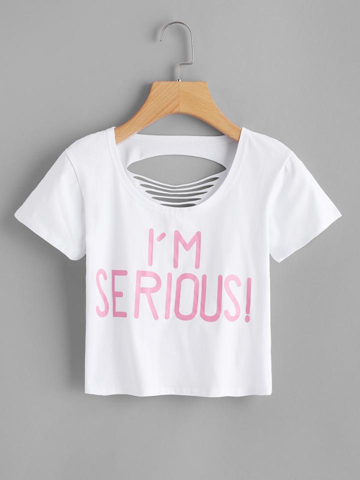 Romwe Slogan Print Cut Out Back Tee