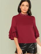 Romwe Pearl Detail Layered Flounce Sleeve Top