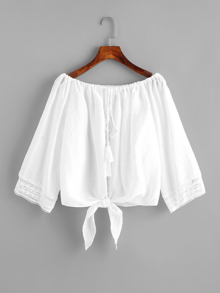 Romwe Bardot Drawstring Neck Lace Trim Knot Front Top