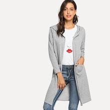 Romwe Solid Knit Hooded Pocket Front Coat