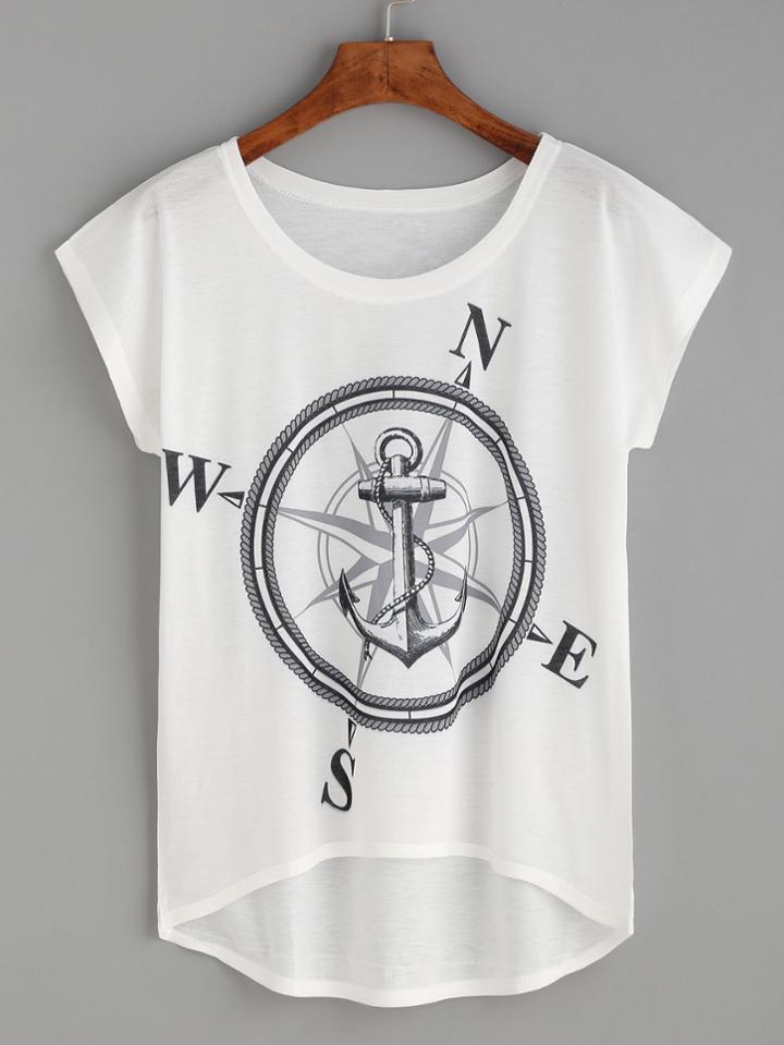 Romwe White Compass And Anchor Print High Low T-shirt