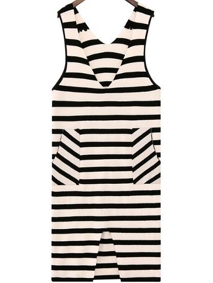 Romwe V Neck Striped Slit Front Pockets Dress