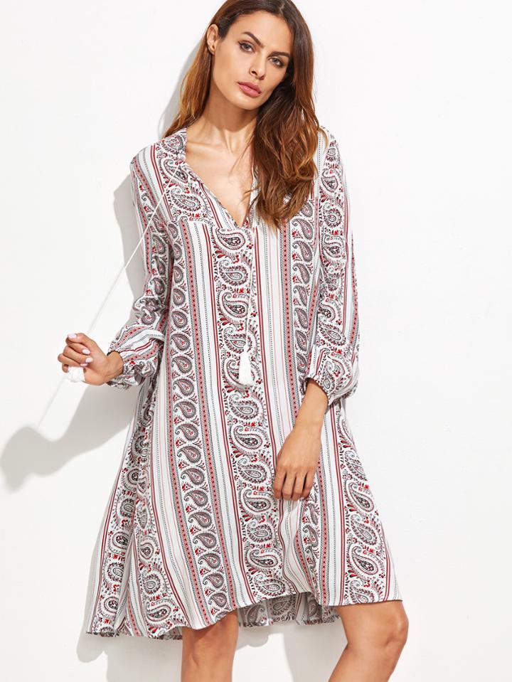 Romwe Multicolor Paisley Print V Neck Fringe Detail Dress