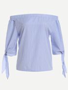 Romwe Blue Off The Shoulder Vertical Striped Tie Sleeve Top