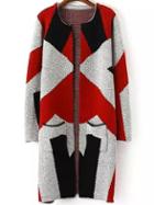 Romwe Geometric Print Pockets Red Coat