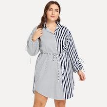 Romwe Plus Knot Cuff Striped Shirt Dress