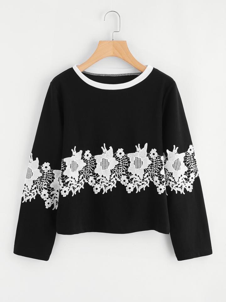 Romwe Contrast Trim Lace Applique Top