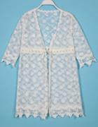 Romwe Embroidery Lace Short Sleeve String Tie Top