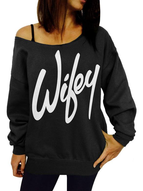 Romwe Black Scoop Neck Letter Print Sweatshirt