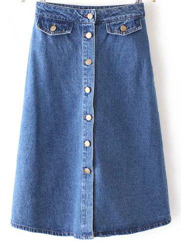 Romwe Single Breasted Pockets Denim Skirt