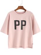 Romwe Dip Hem Split Letters Print Pink T-shirt