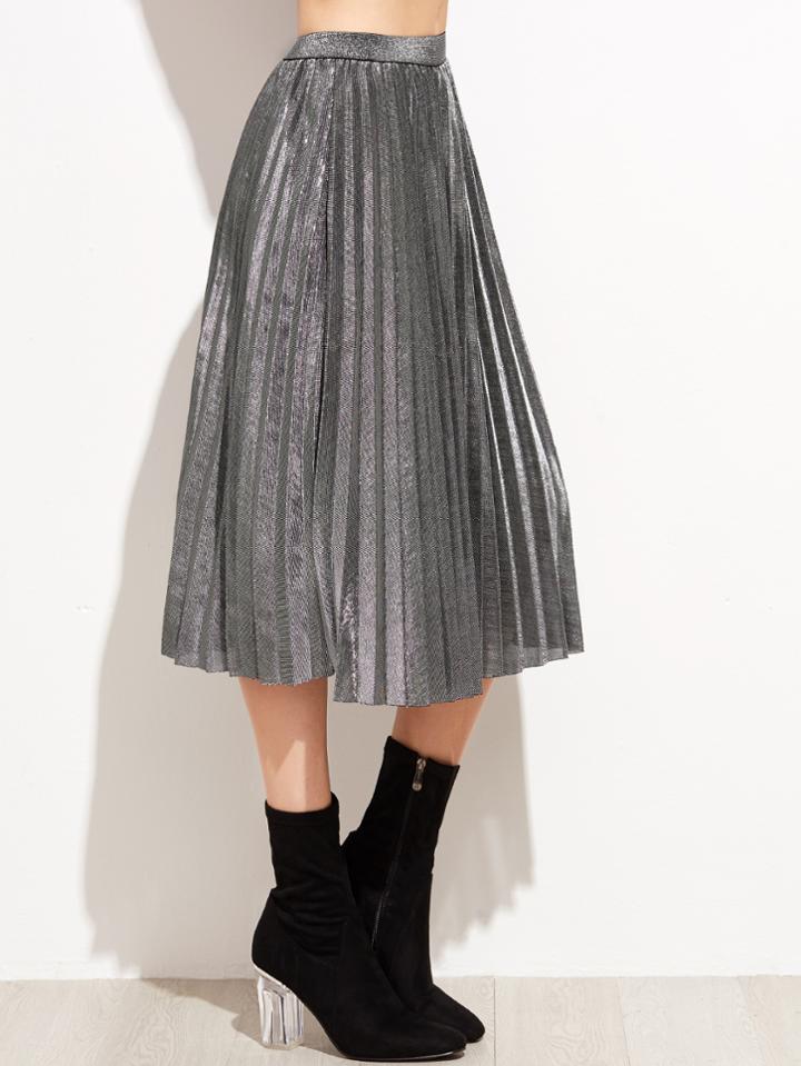 Romwe Grey High Waist Pleated Skirt