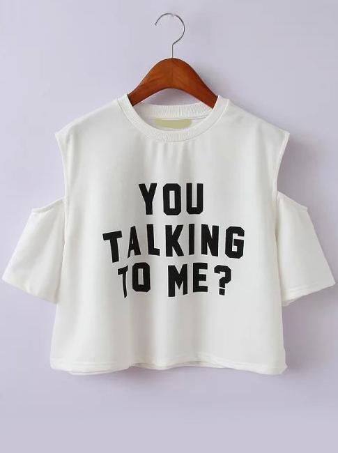 Romwe Open Shoulder Letter Print White T-shirt