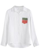 Romwe White Watermelon Embroidered Pocket Shirt