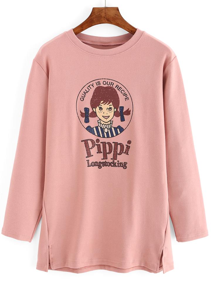 Romwe Cartoon Print Split Pink T-shirt