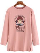 Romwe Cartoon Print Split Pink T-shirt
