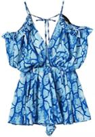 Romwe Off The Shoulder Ruffle Elastic Waist Blue Dress