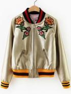 Romwe Gold Flower Embroidery Zipper Up Pu Jacket