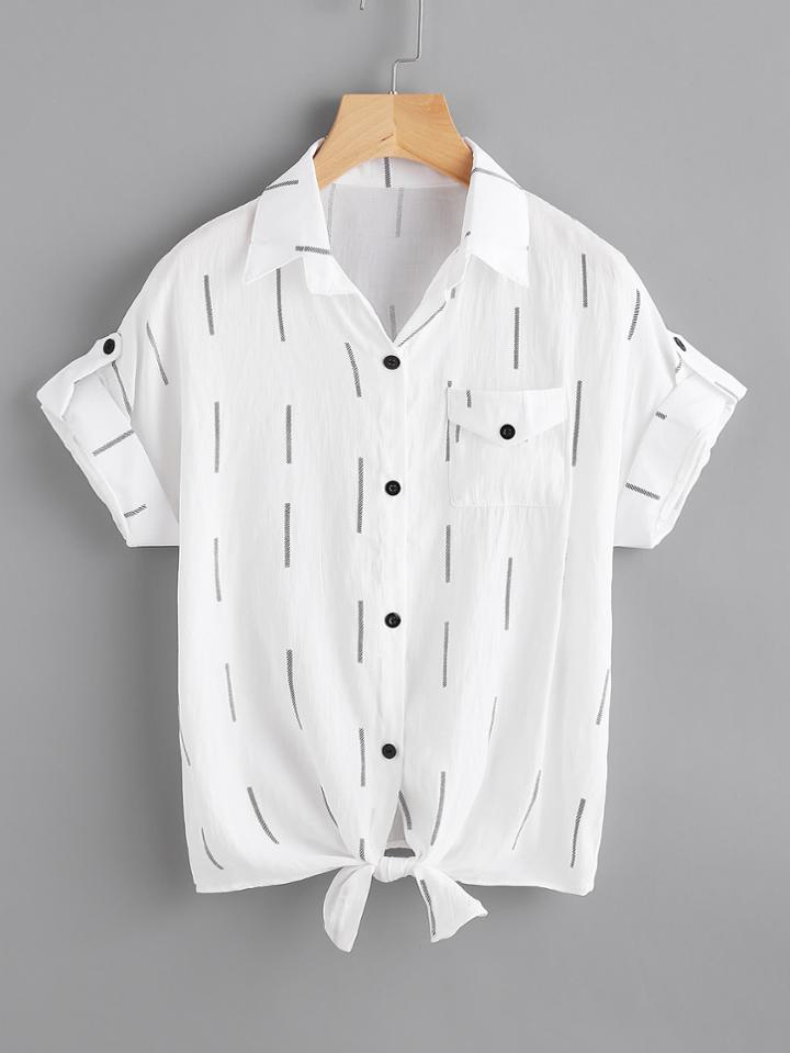 Romwe Cuffed Knot Front Blouse With Chest Pocket