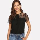 Romwe Tie Neck Lace Shoulder Top