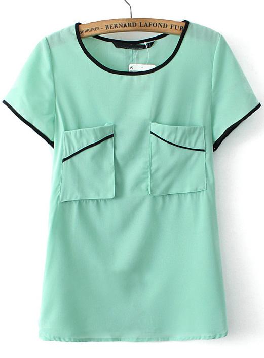 Romwe Contrast Trims Pockets Green Blouse