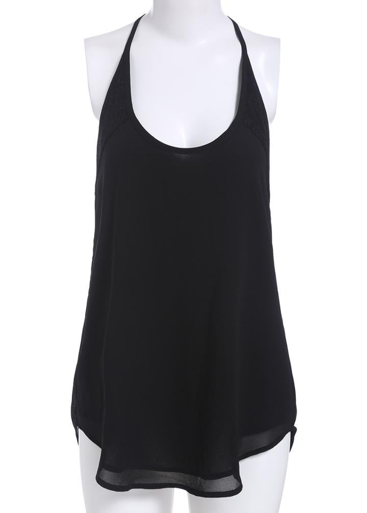 Romwe Halter Lace Insert Dip Hem Tank Top