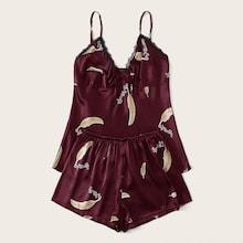 Romwe Feather Print Lace Trim Satin Cami Pj Set