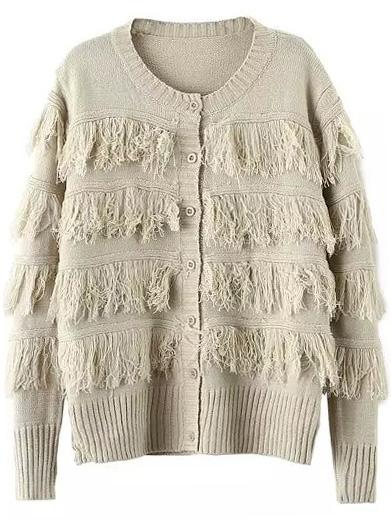 Romwe Round Neck Tassel Apricot Cardigan