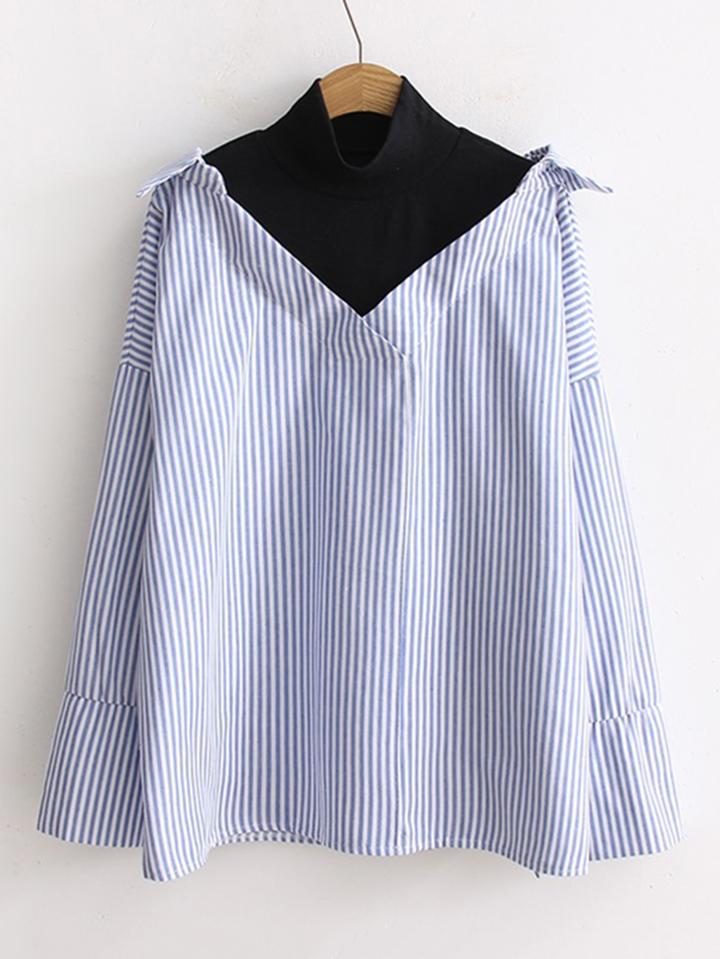 Romwe Contrast Panel 2 In 1 Striped Blouse
