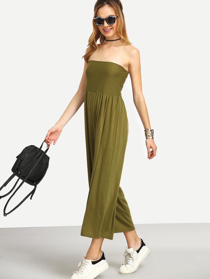 Romwe Olive Green Wide Leg Bandeau Jumpsuit