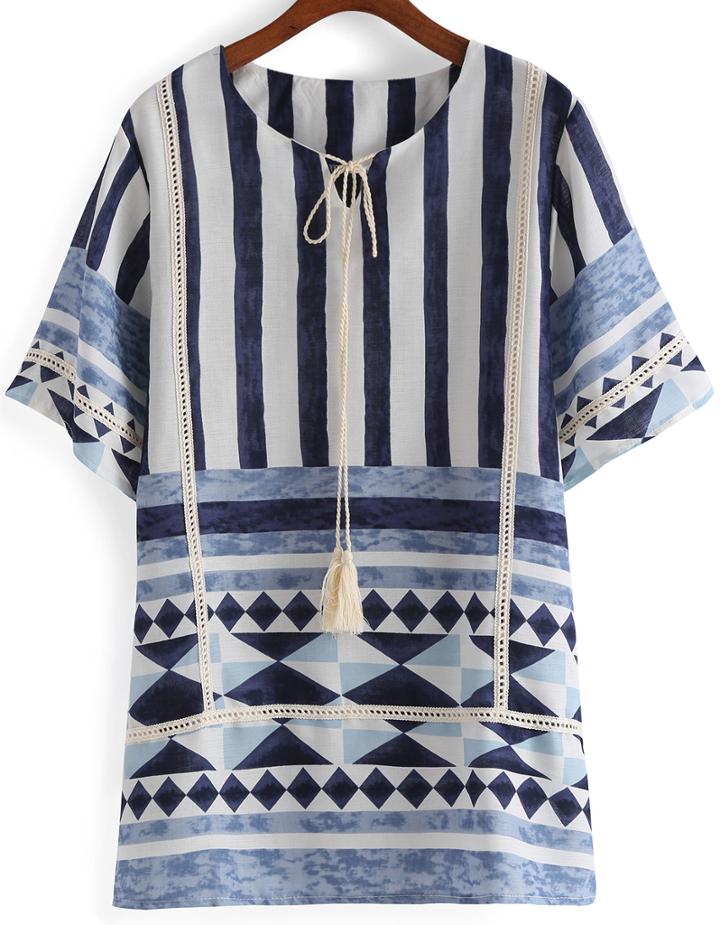 Romwe Short Sleeve Geometric Print Top