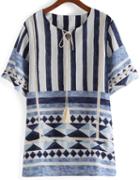 Romwe Short Sleeve Geometric Print Top