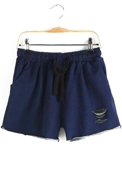 Romwe Drawstring Cut Out Denim Navy Shorts