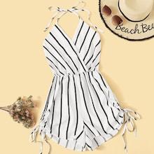 Romwe Surplice Striped Drawstring Side Halter Playsuit