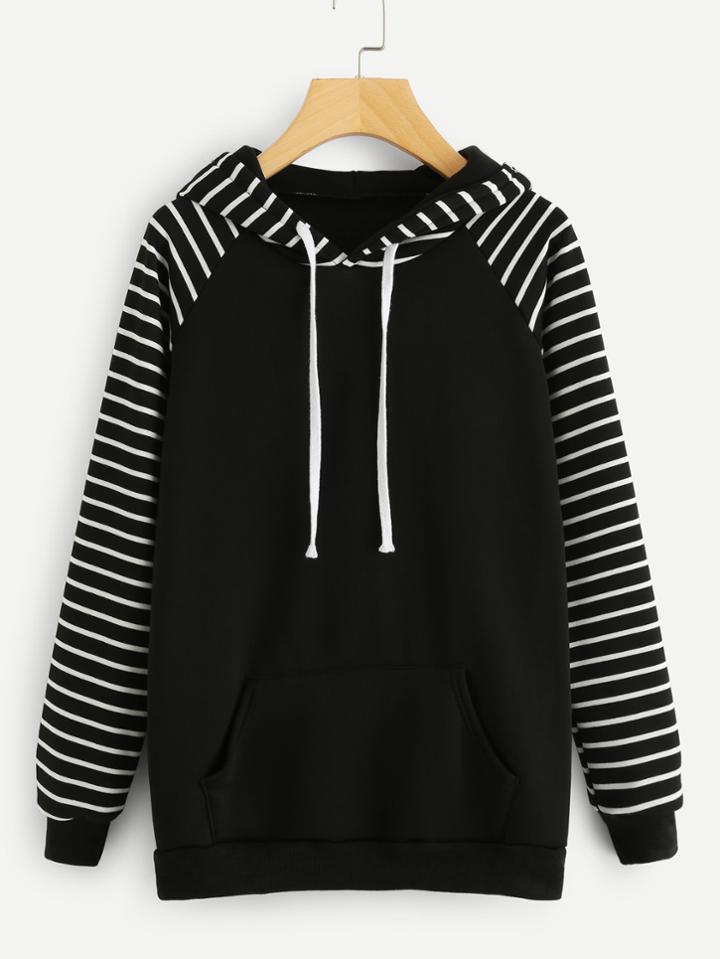 Romwe Kangaroo Pocket Raglan Striped Hoodie