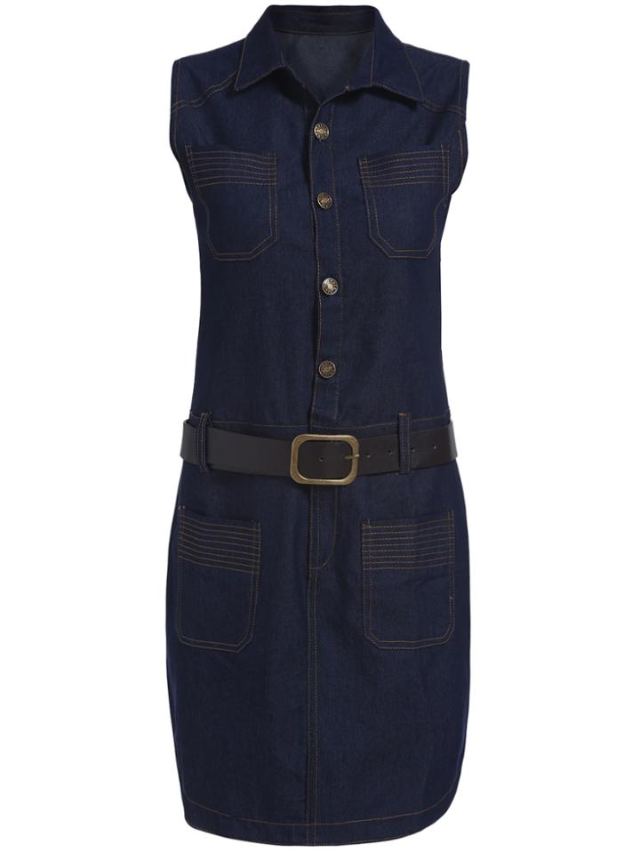 Romwe Lapel With Belt Pockets Button Down Denim Navy Dress