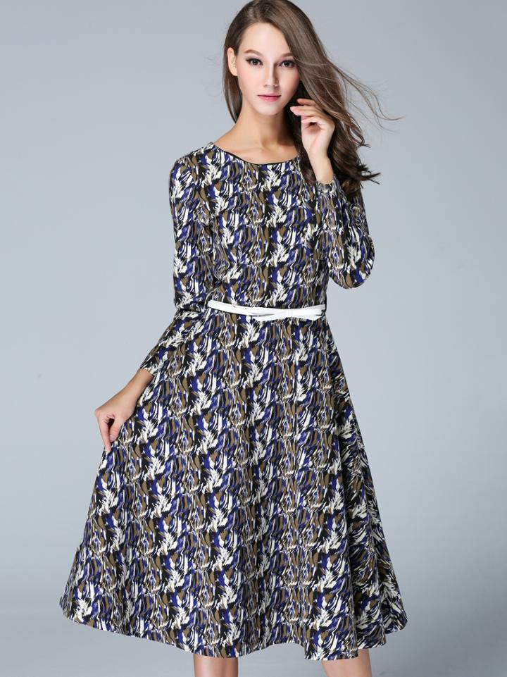 Romwe Multicolor Round Neck Long Sleeve Drawstring Dress