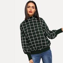 Romwe Mock-neck Balloon Sleeve Grid Pullover