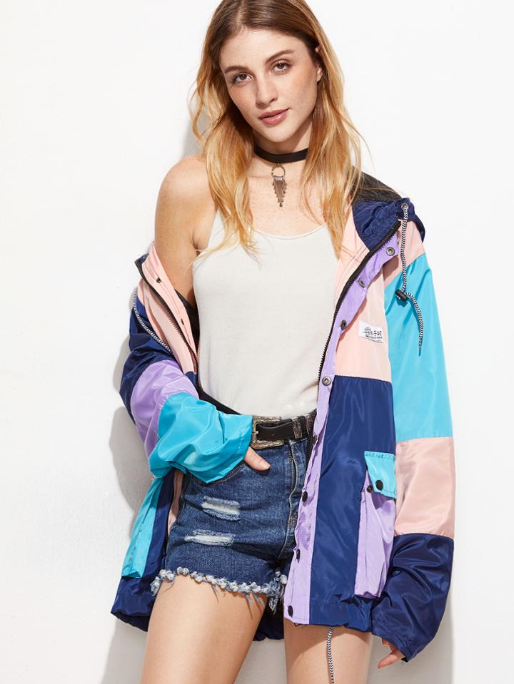 Romwe Patchwork Drawstring Pockets Hooded Coat