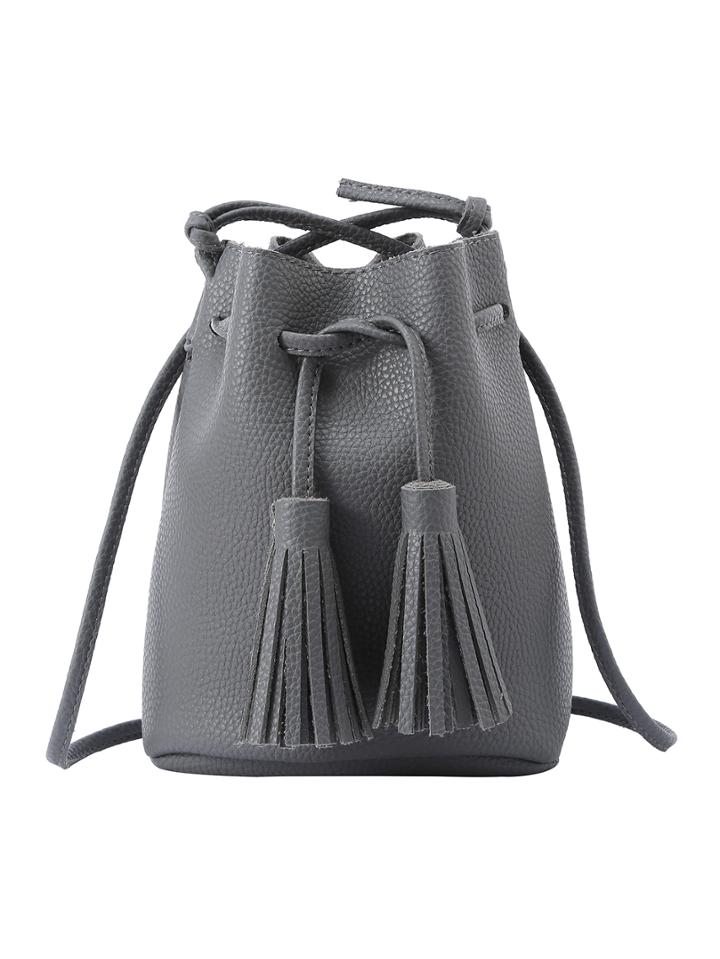 Romwe Tassel Drawstring Bucket Bag - Grey