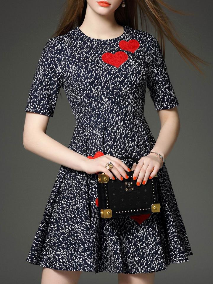 Romwe Navy Heart Applique Pouf A-line Dress