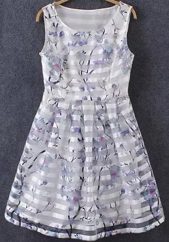 Romwe Sleeveless Organza Florals Flare Dress