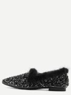 Romwe Black Sequin Point Toe Faux Fur Lined Flats