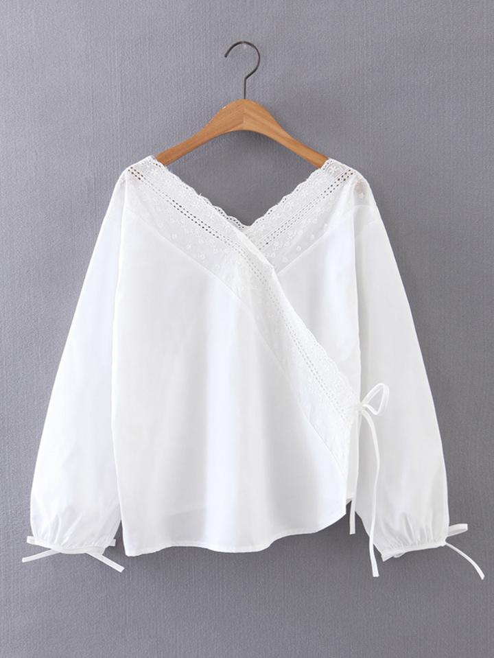 Romwe Lantern Sleeve Hollow Out Tie Detail Wrap Top