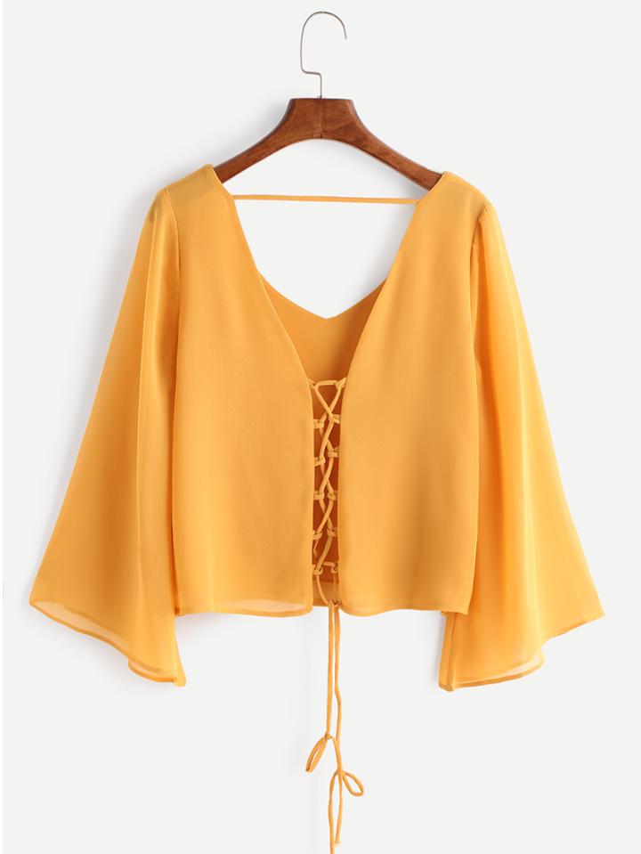 Romwe Yellow Criss Cross Lace Up V Back Blouse