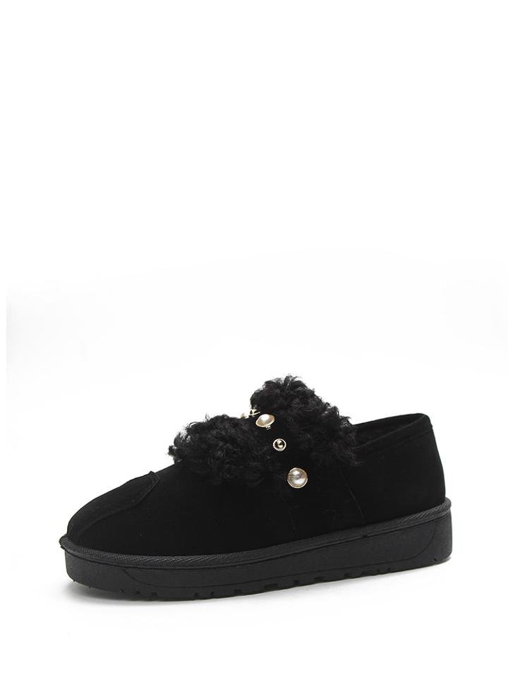 Romwe Faux Pearl Studded Shaggy Fur Trim Flats