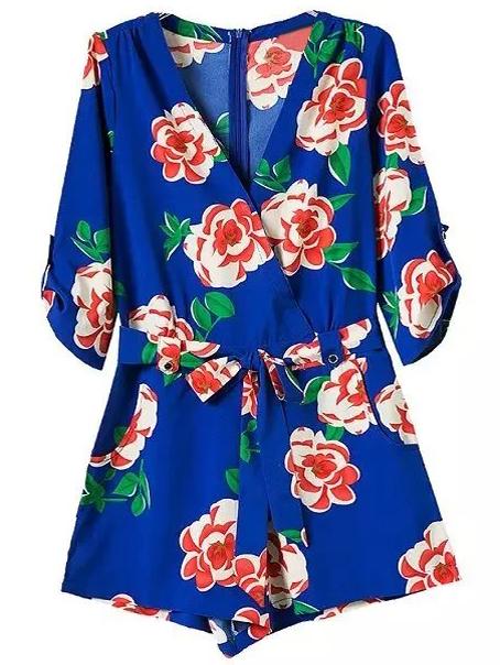 Romwe Blue Tie-waist Bow Flower Print Romper
