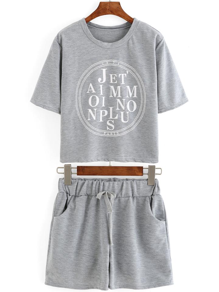 Romwe Letter Print Top With Draw Cord Waist Shorts