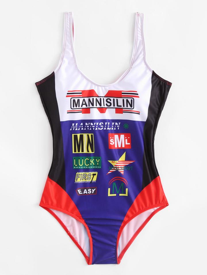 Romwe Colorblock Mixed Print Swimsuit