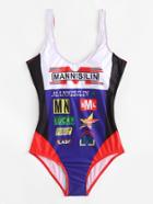 Romwe Colorblock Mixed Print Swimsuit